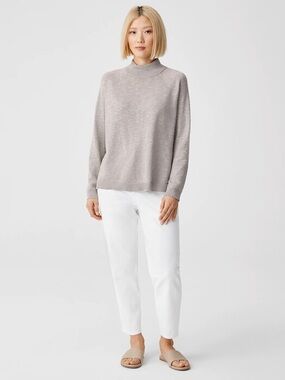 NWT Eileen Fisher 2X Silver Cotton Linen Slub Funnel Neck Box-Top Long Sleeve